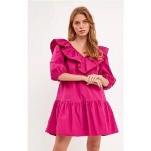 English Factory NWOT Long Sleeve V Ruffled Mini Dress Berry Size Large
